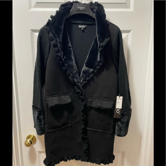 New NADO Faux Shearling Sweater Coat style 1173 Black - Picture 2 of 3